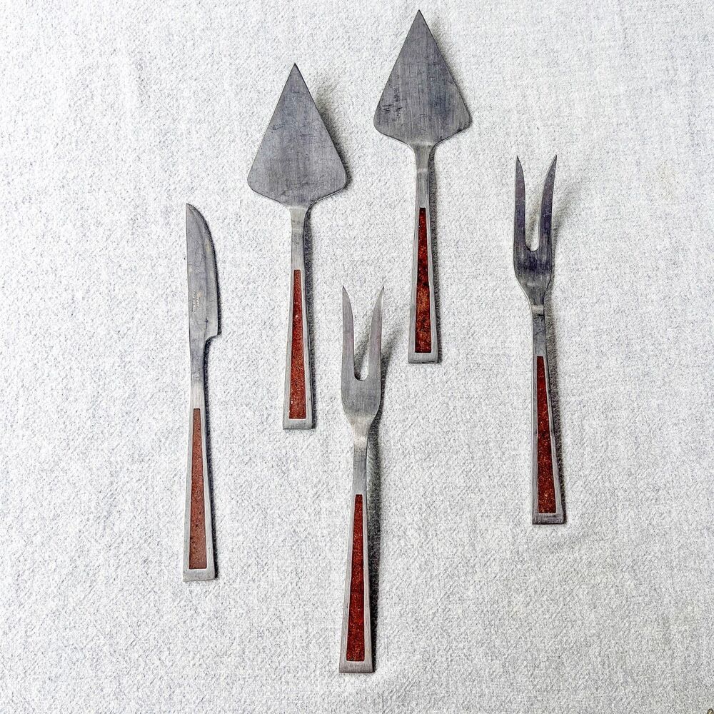 Vintage Otagiri Japan Wood Handle Serving Forks Set 5 MCM Mid Century